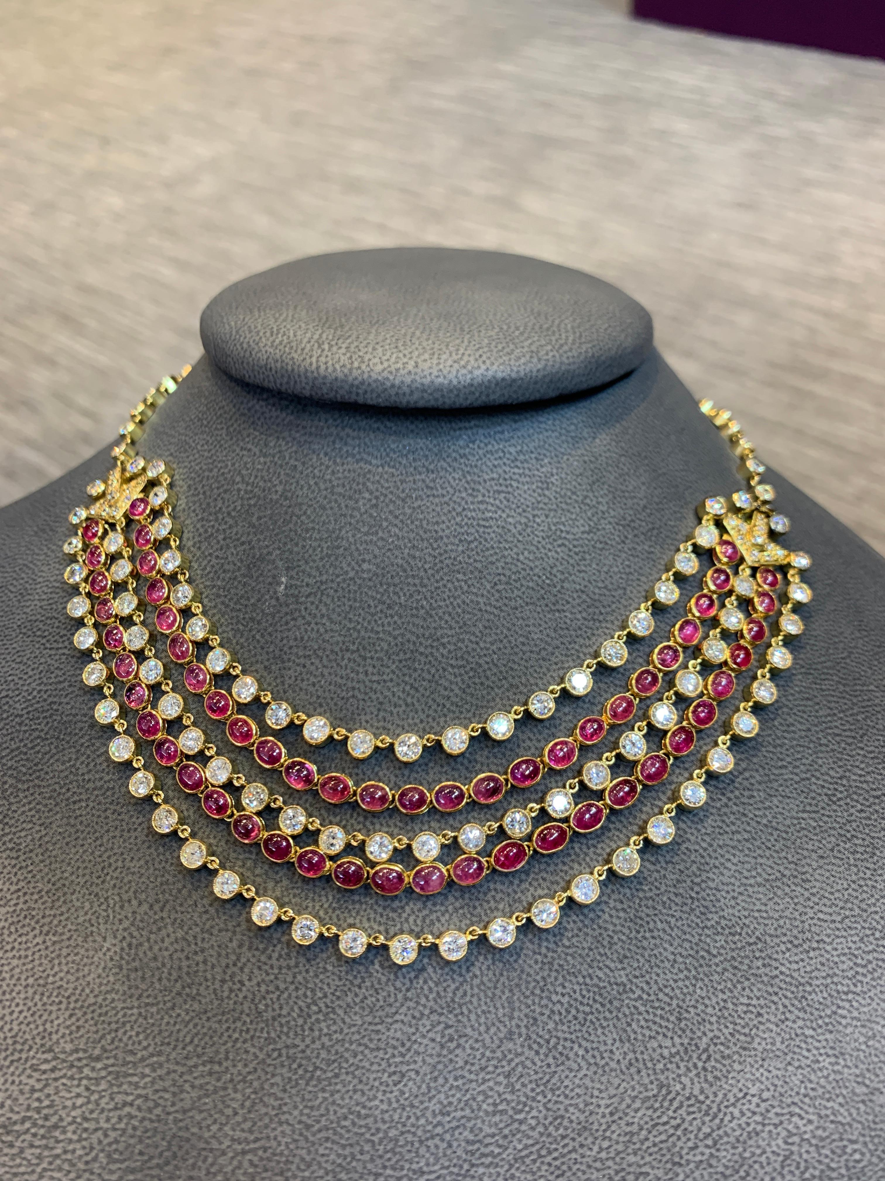 Cabochon Ruby and Diamond Five-Row Necklace