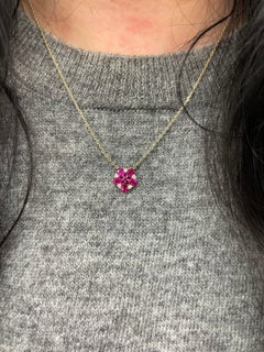 Ruby Diamond Floral Cluster Pendant Necklace 1.12 CTTW 14 Karat Yellow Gold