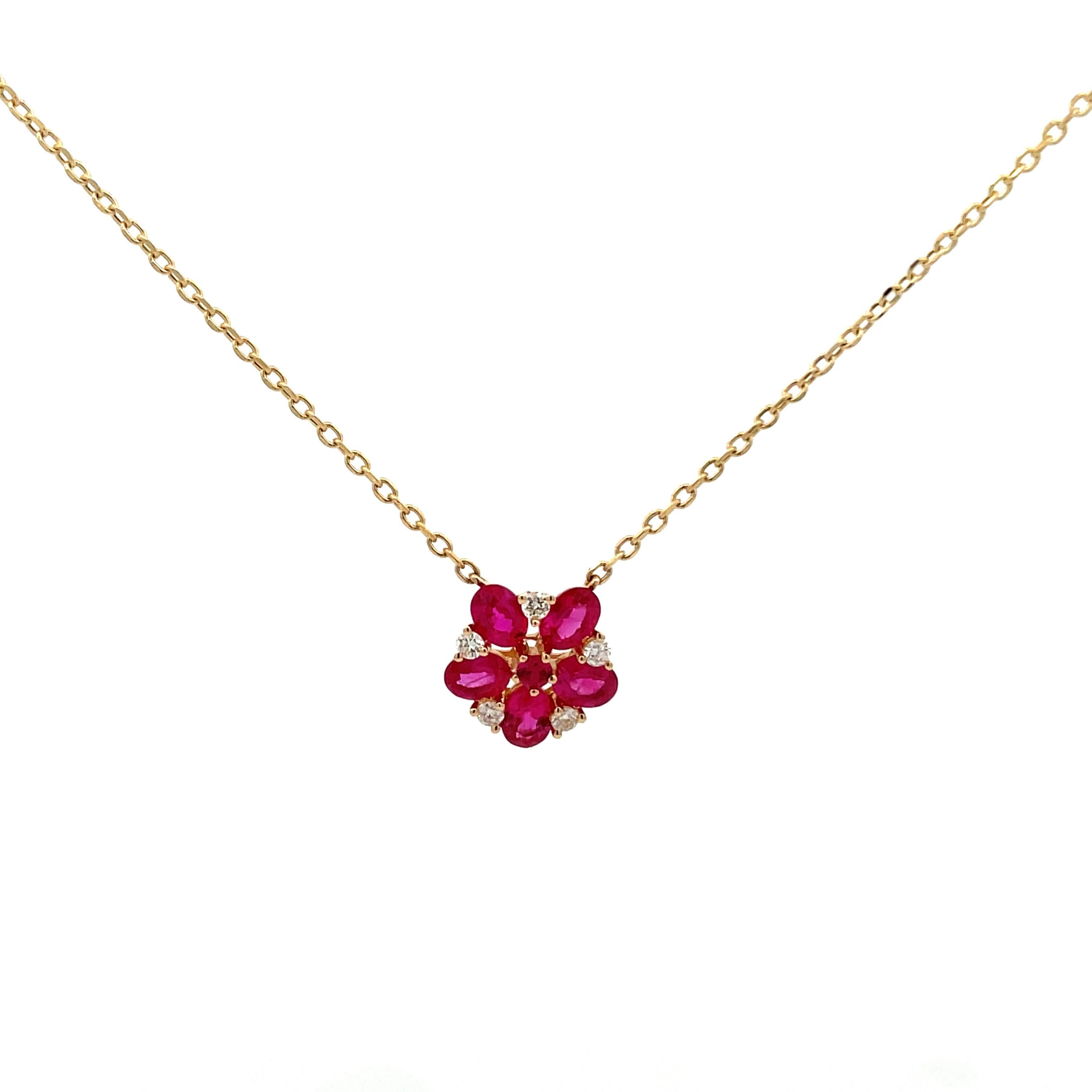 Contemporary Ruby Diamond Floral Cluster Pendant Necklace 1.12 CTTW 14 Karat Yellow Gold 