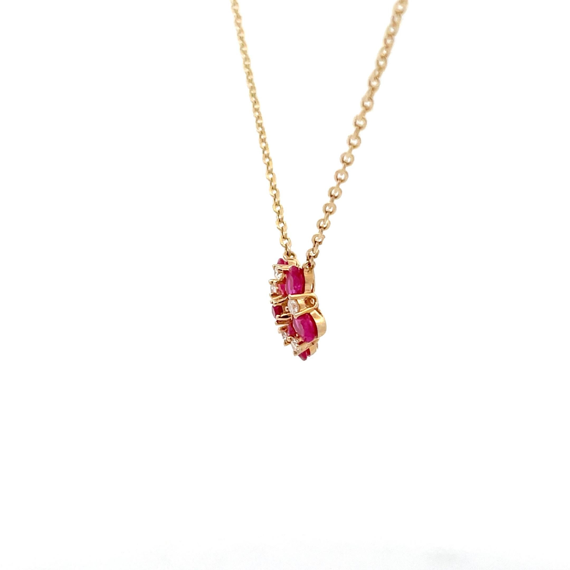 Oval Cut Ruby Diamond Floral Cluster Pendant Necklace 1.12 CTTW 14 Karat Yellow Gold 