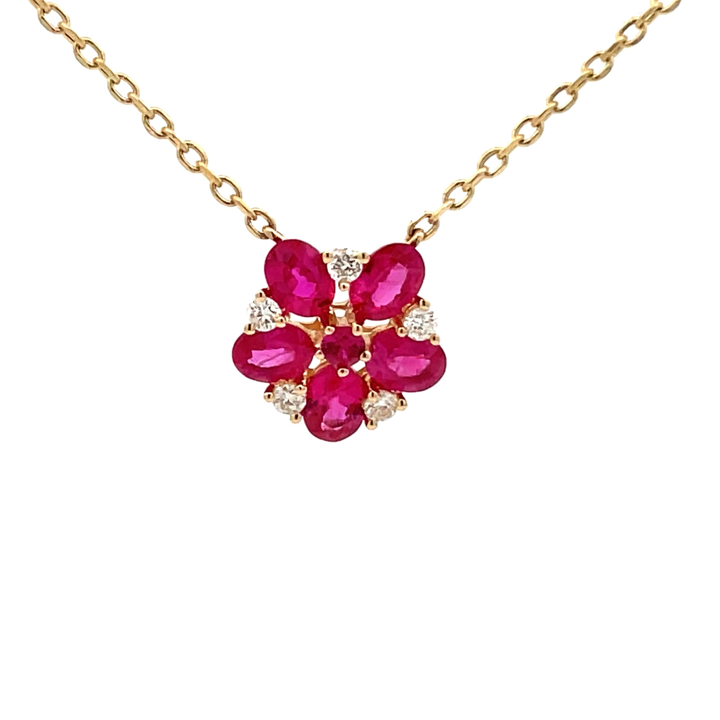 Ruby Diamond Floral Cluster Pendant Necklace 1.12 CTTW 14 Karat Yellow Gold  In New Condition In New York, NY