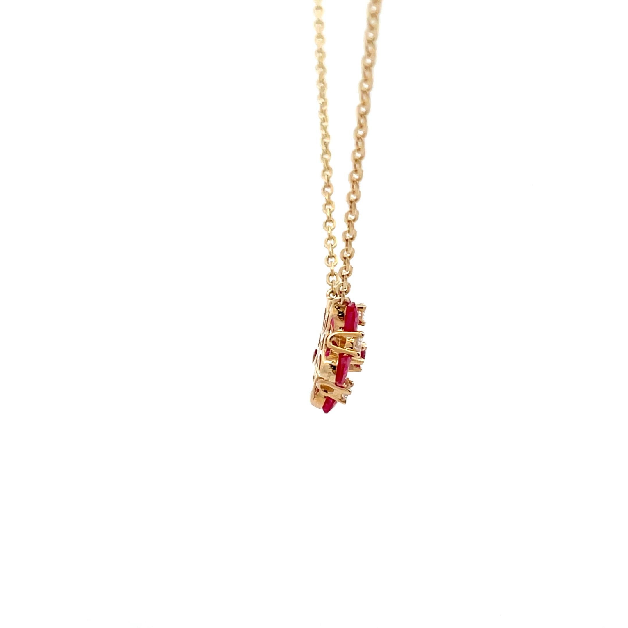 Women's Ruby Diamond Floral Cluster Pendant Necklace 1.12 CTTW 14 Karat Yellow Gold 