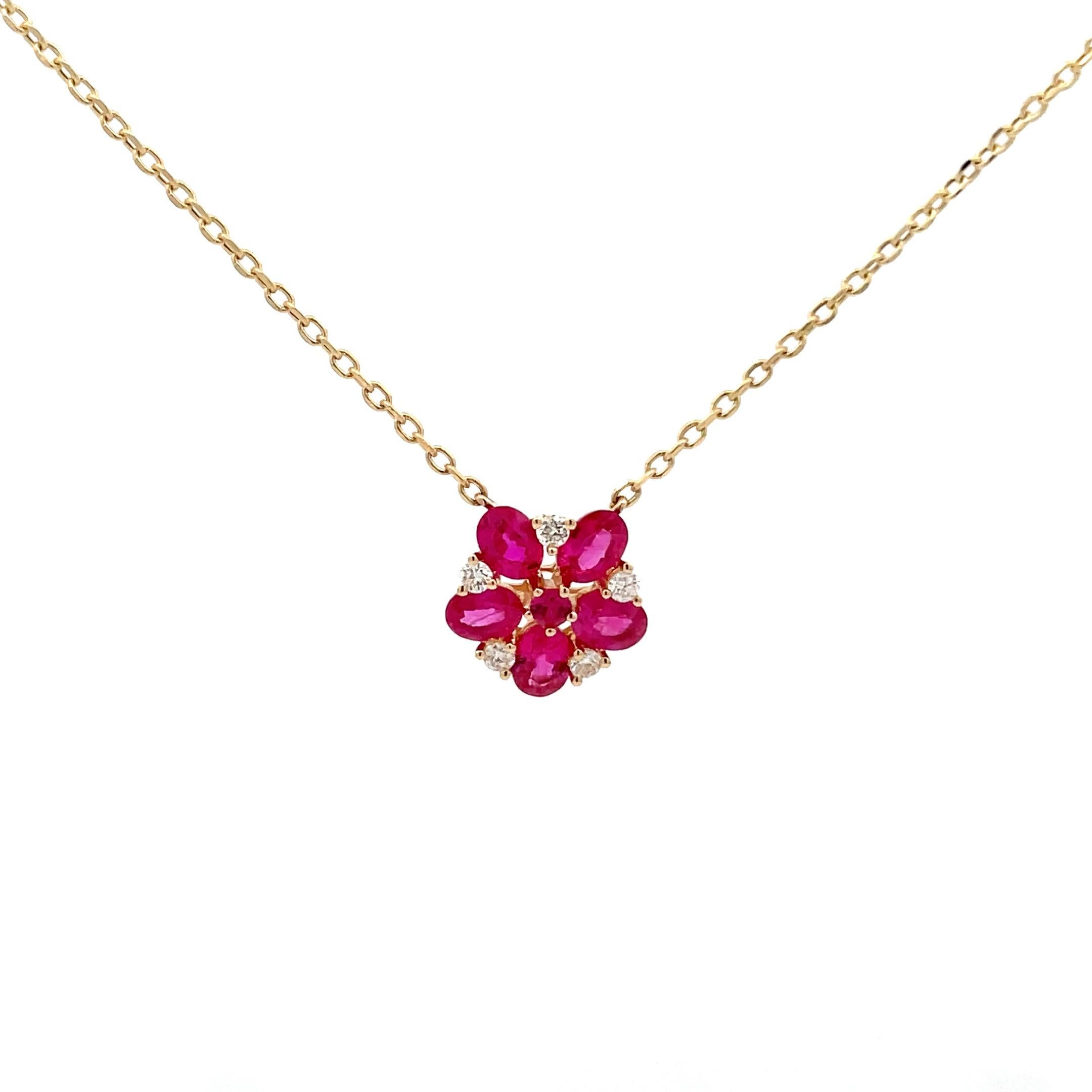 Ruby Diamond Floral Cluster Pendant Necklace 1.12 CTTW 14 Karat Yellow Gold  1