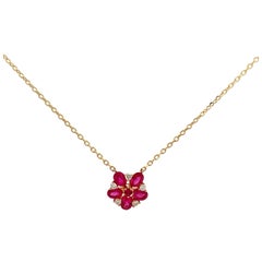 Ruby Diamond Floral Cluster Pendant Necklace 1.12 CTTW 14 Karat Yellow Gold