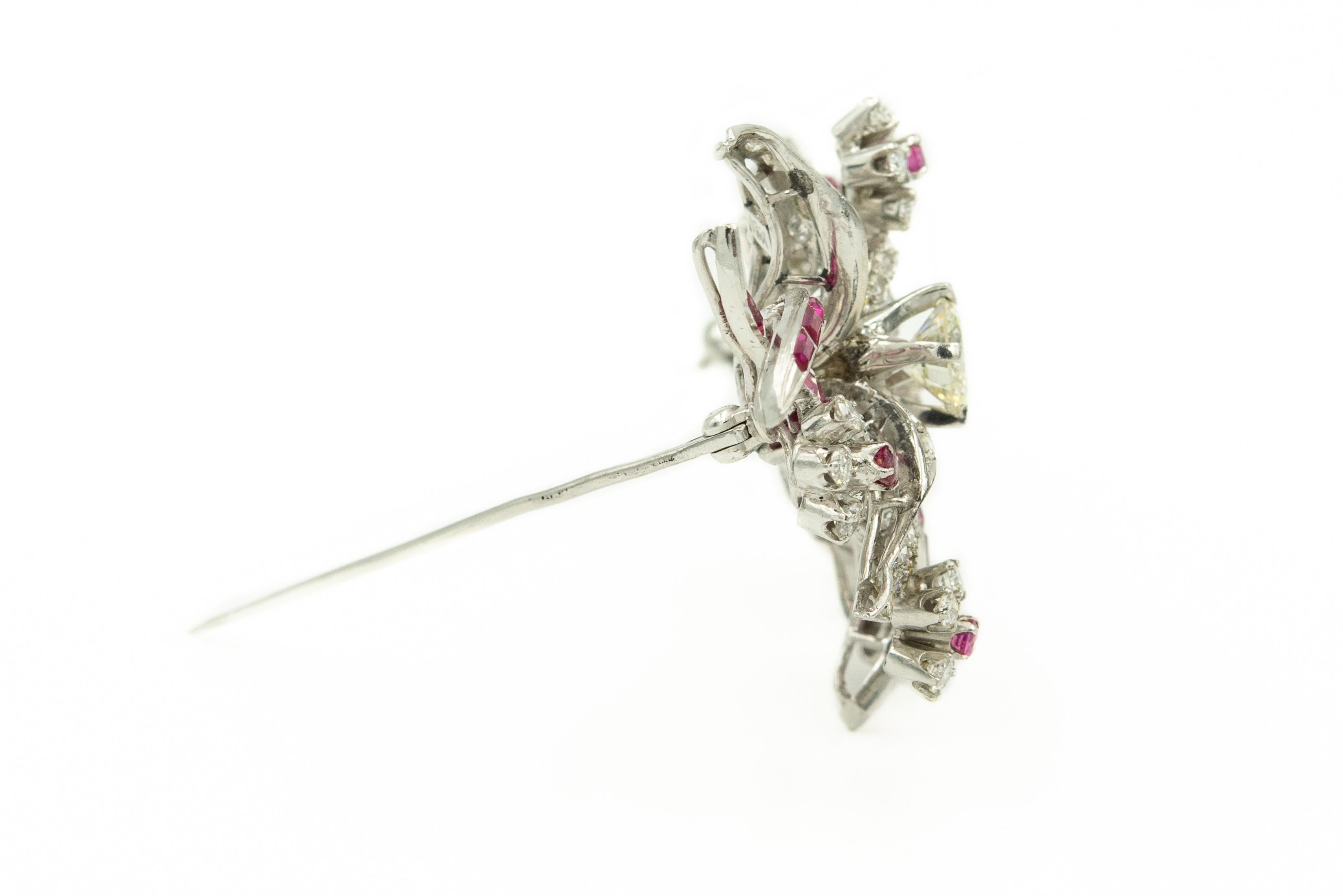 Ruby Diamond Floral Flower Leaf Spray White Gold Brooch Pin In Good Condition In Miami Beach, FL
