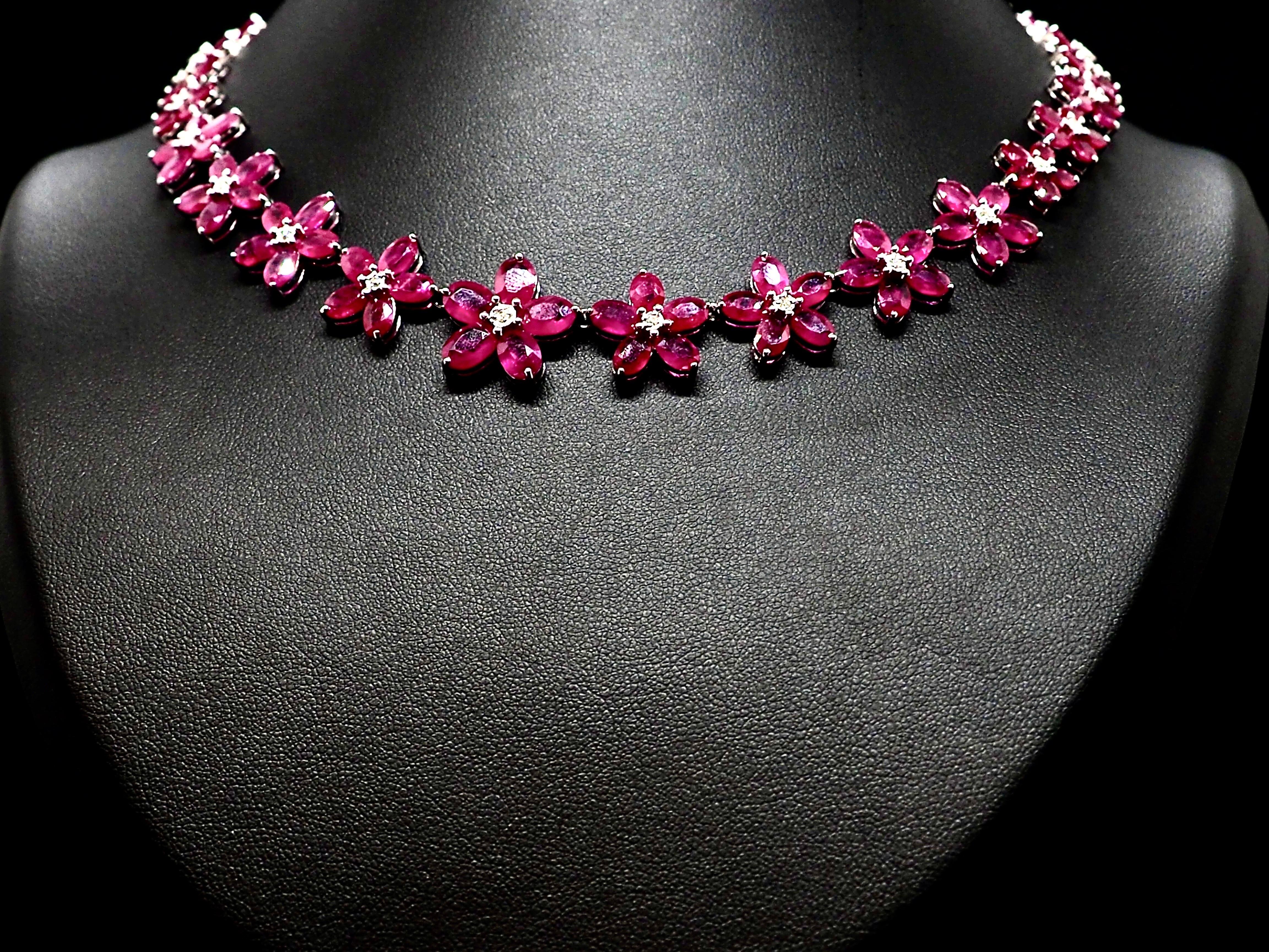 Briolette Cut Ruby Diamond Floral Necklace 18 Karat White Gold For Sale