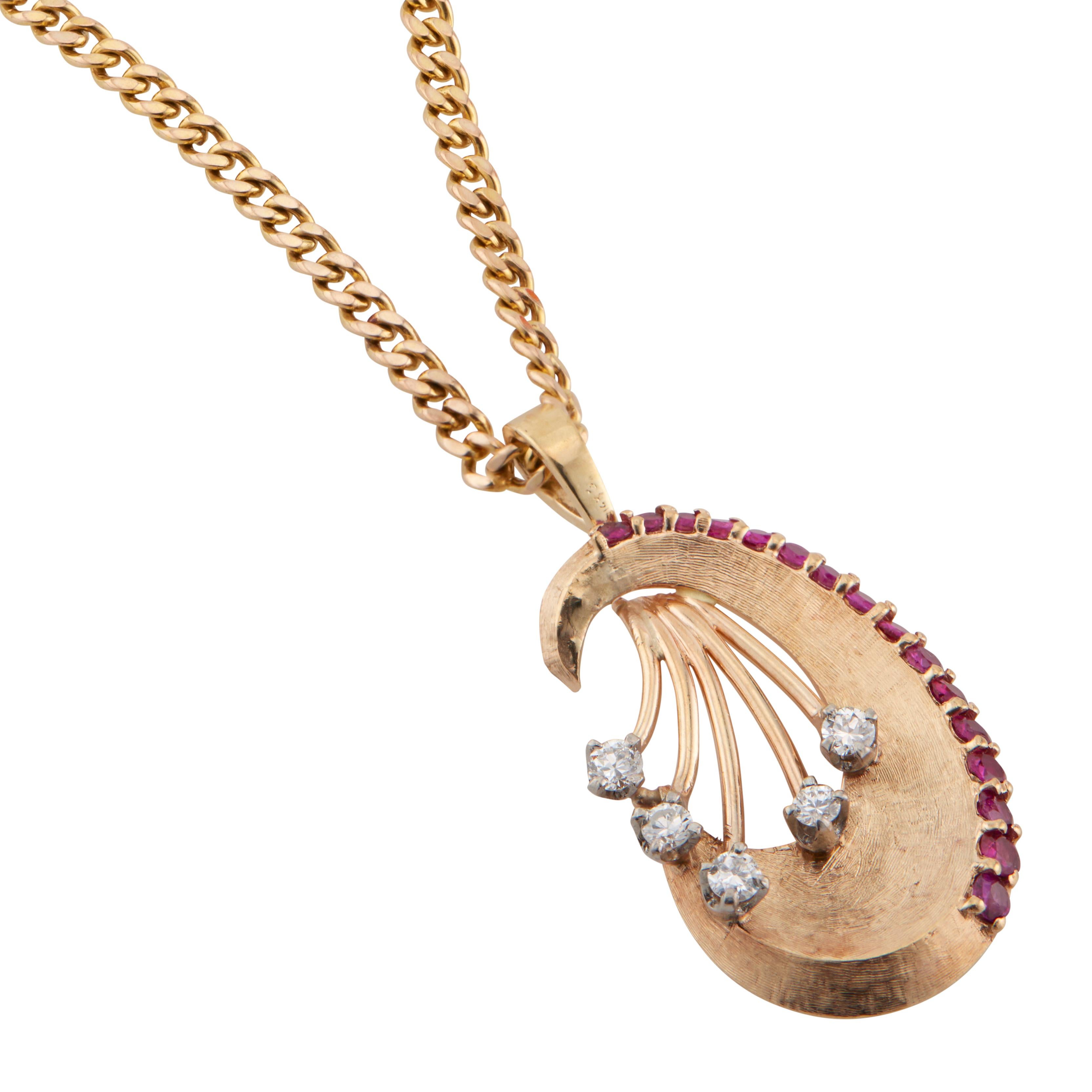 Women's Ruby Diamond Florentine Gold Pendant Necklace For Sale