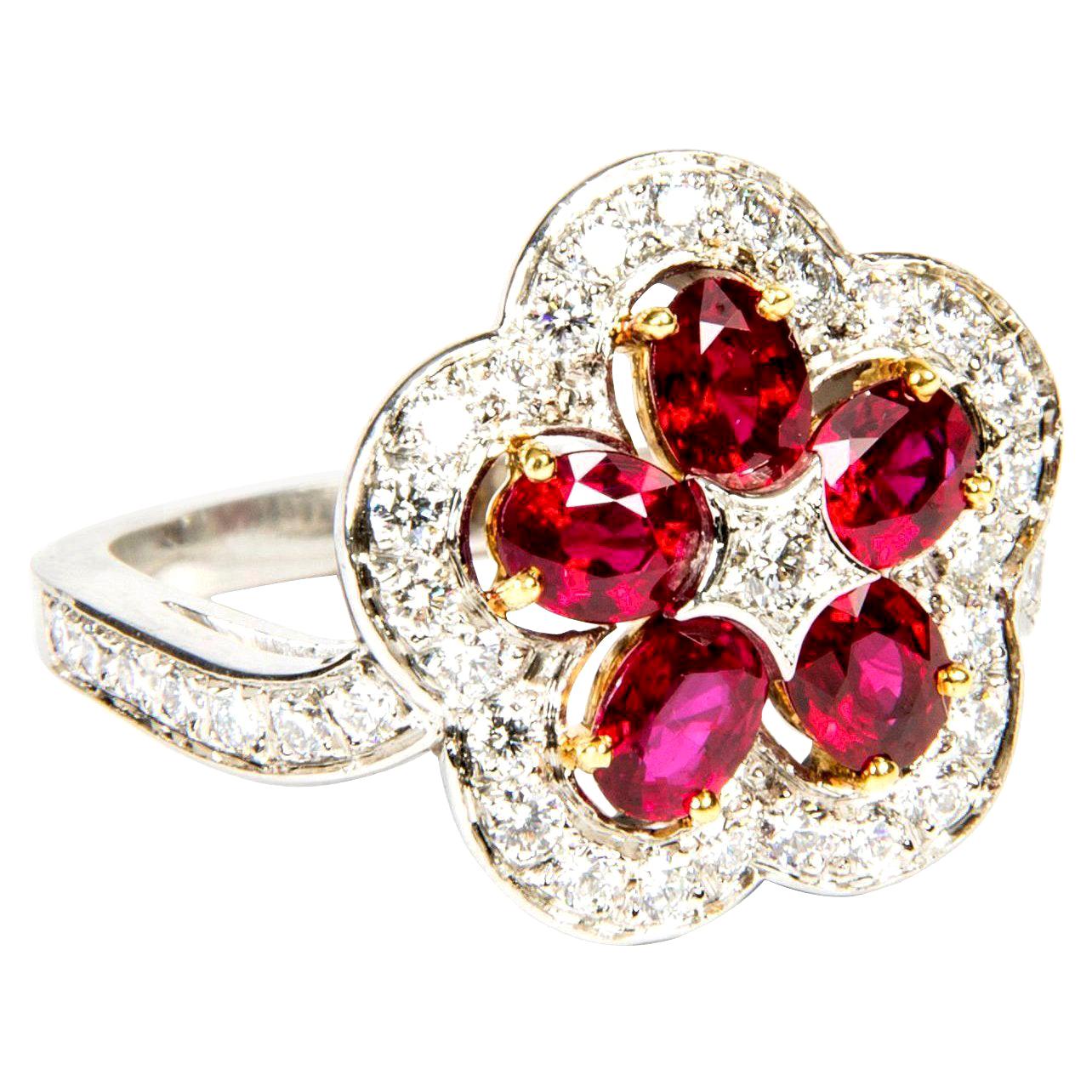Ruby Diamond Flower 18 Karat White Gold Cluster Cocktail Ring For Sale