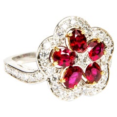 Ruby Diamond Flower 18 Karat White Gold Cluster Cocktail Ring