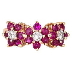 Ruby Diamond Flower Band Vintage 14 Karat Yellow Gold Ring Estate Fine Jewelry