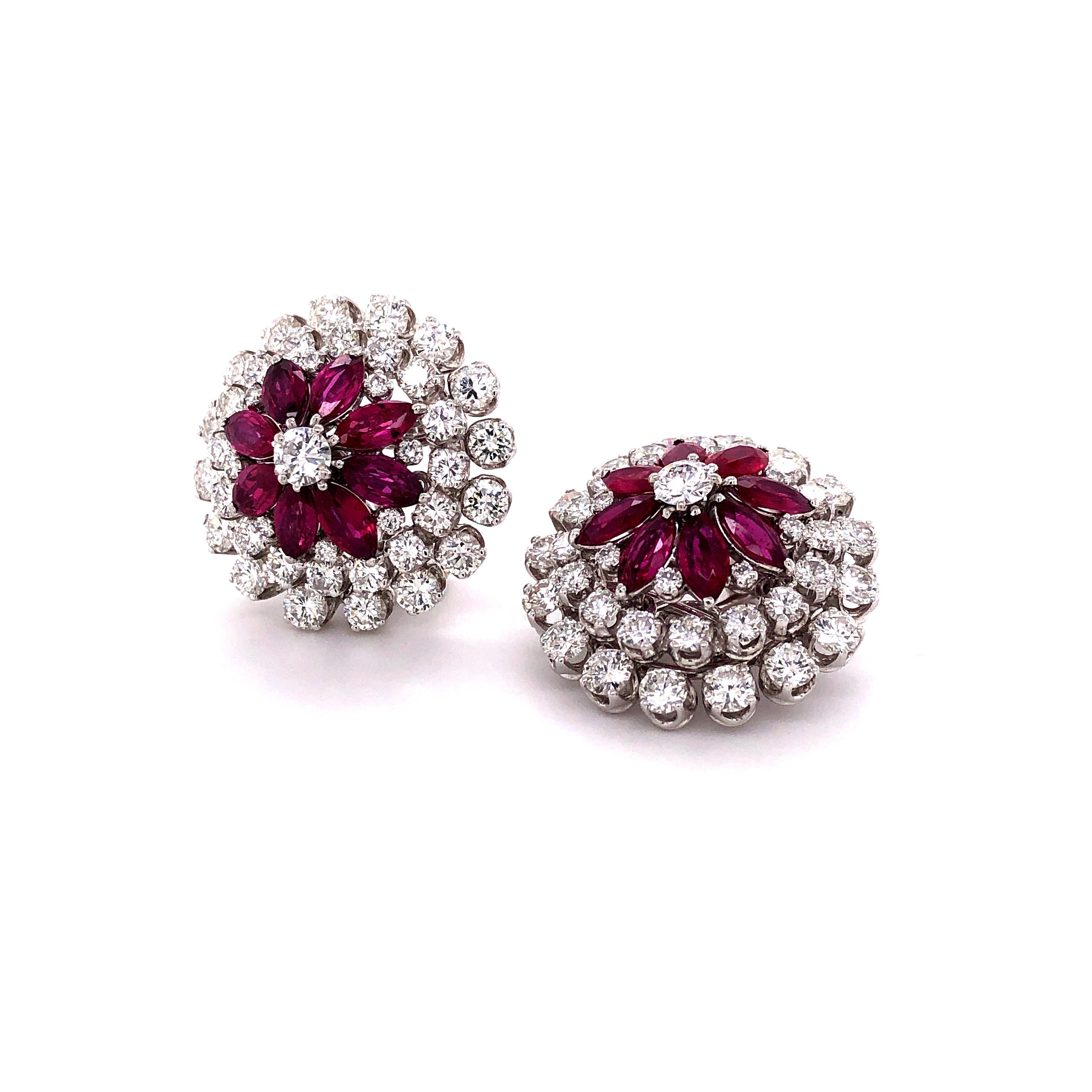 Marquise Cut Ruby Diamond Flower Earclips in Platinum 950