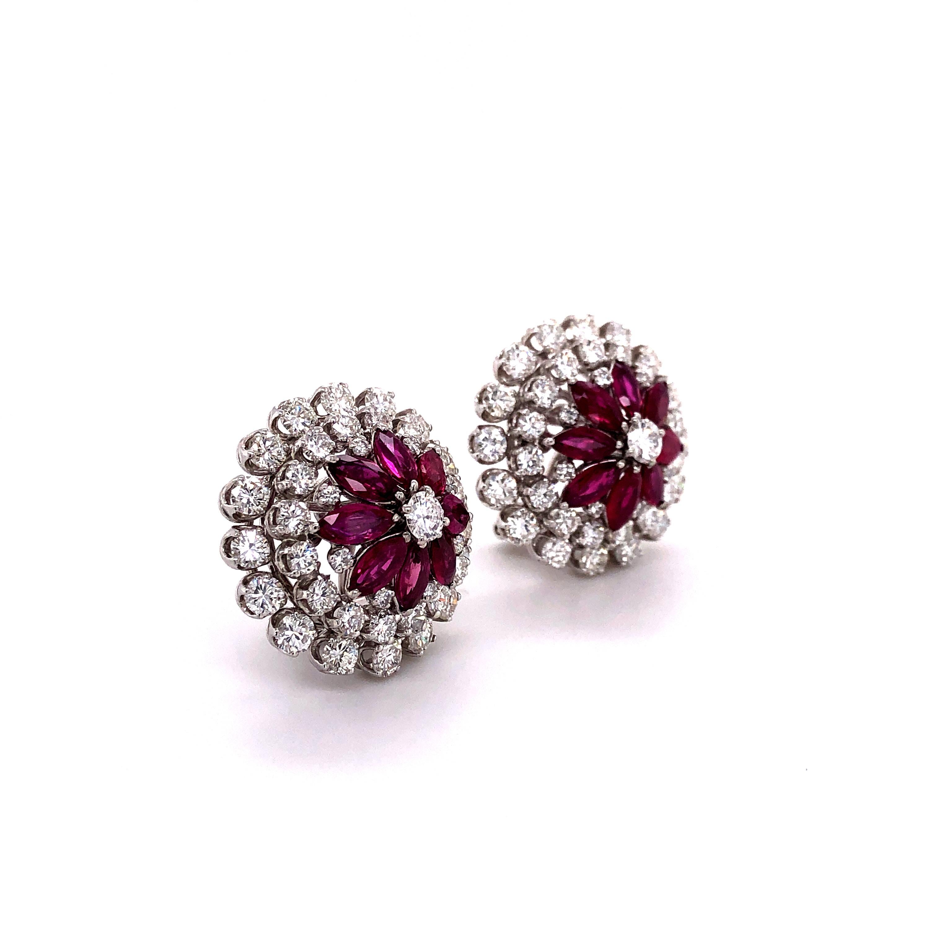 Ruby Diamond Flower Earclips in Platinum 950 In Good Condition In Lucerne, CH