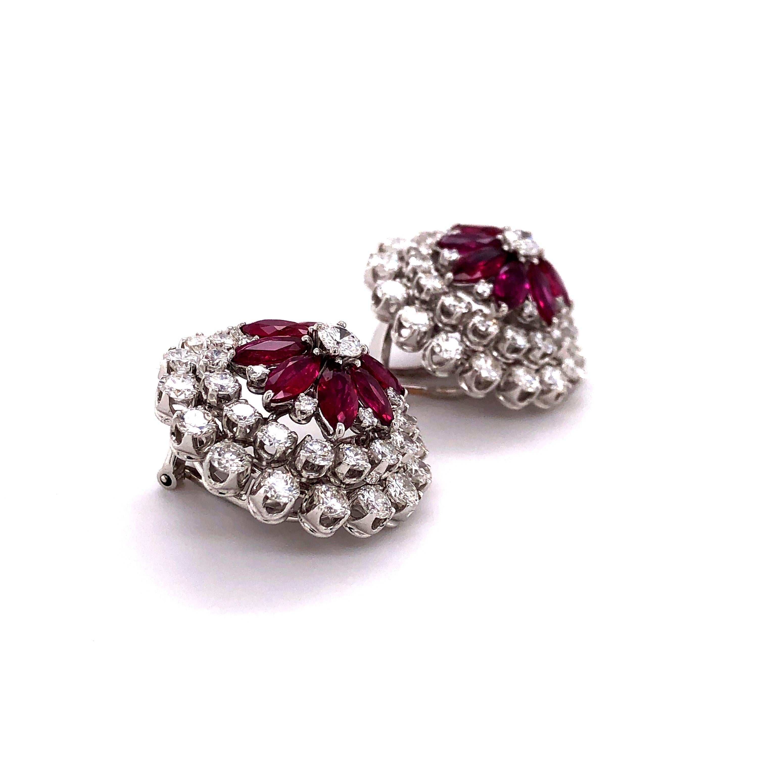 Women's or Men's Ruby Diamond Flower Earclips in Platinum 950