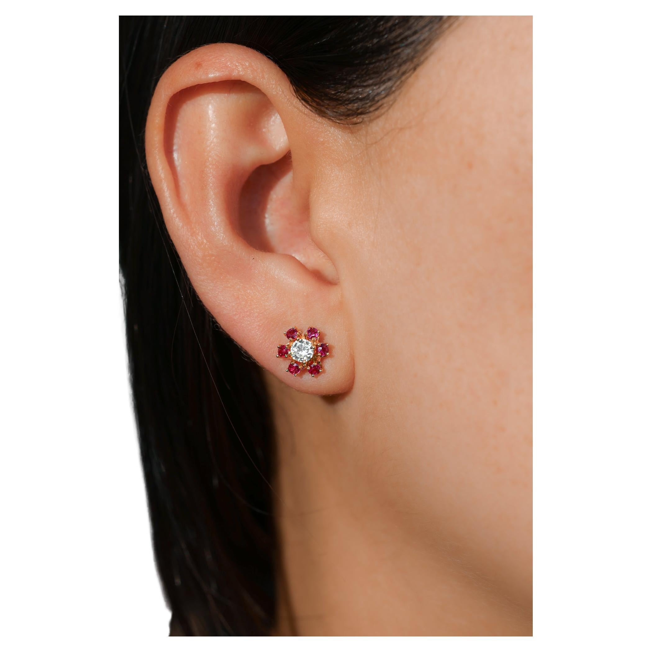 Ruby & Diamond Flower Earrings 0.50 cts. For Sale