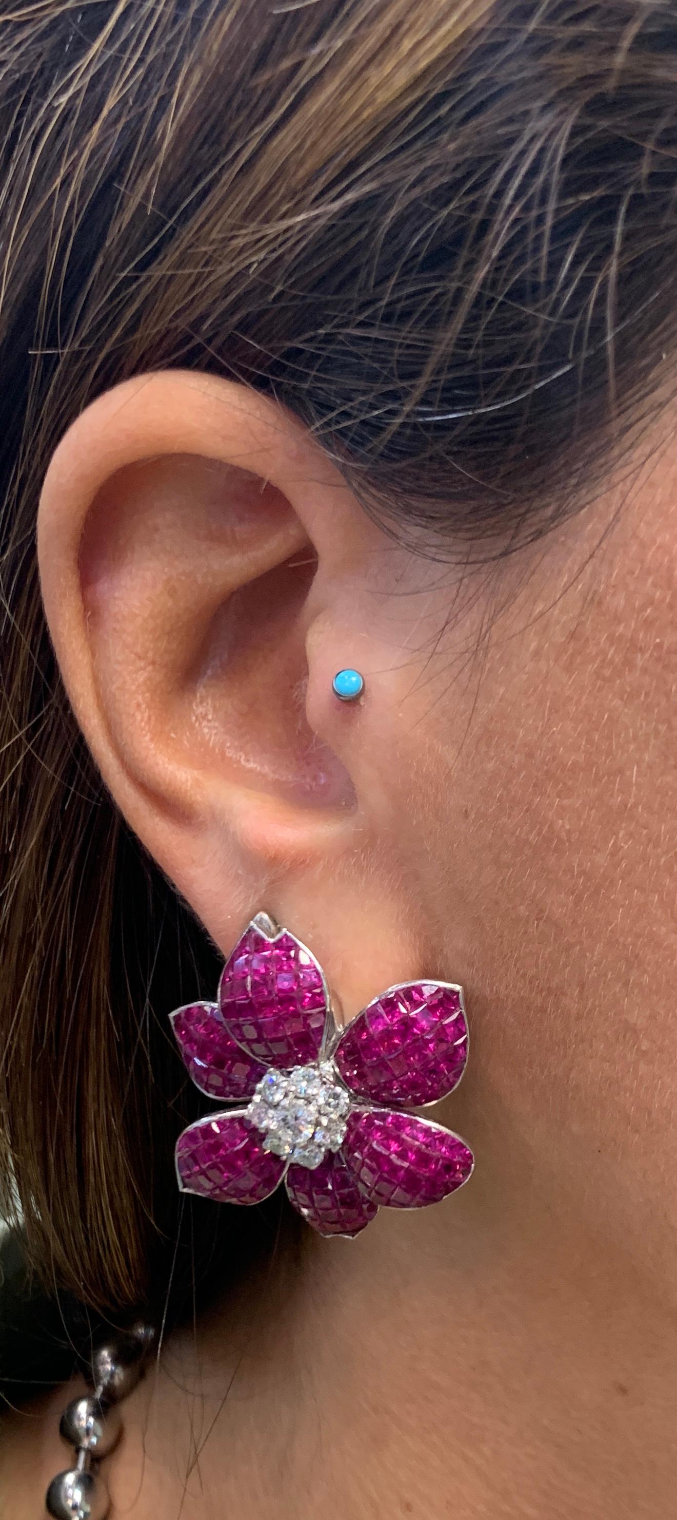 Princess Cut Ruby and Diamond Flower Earrings