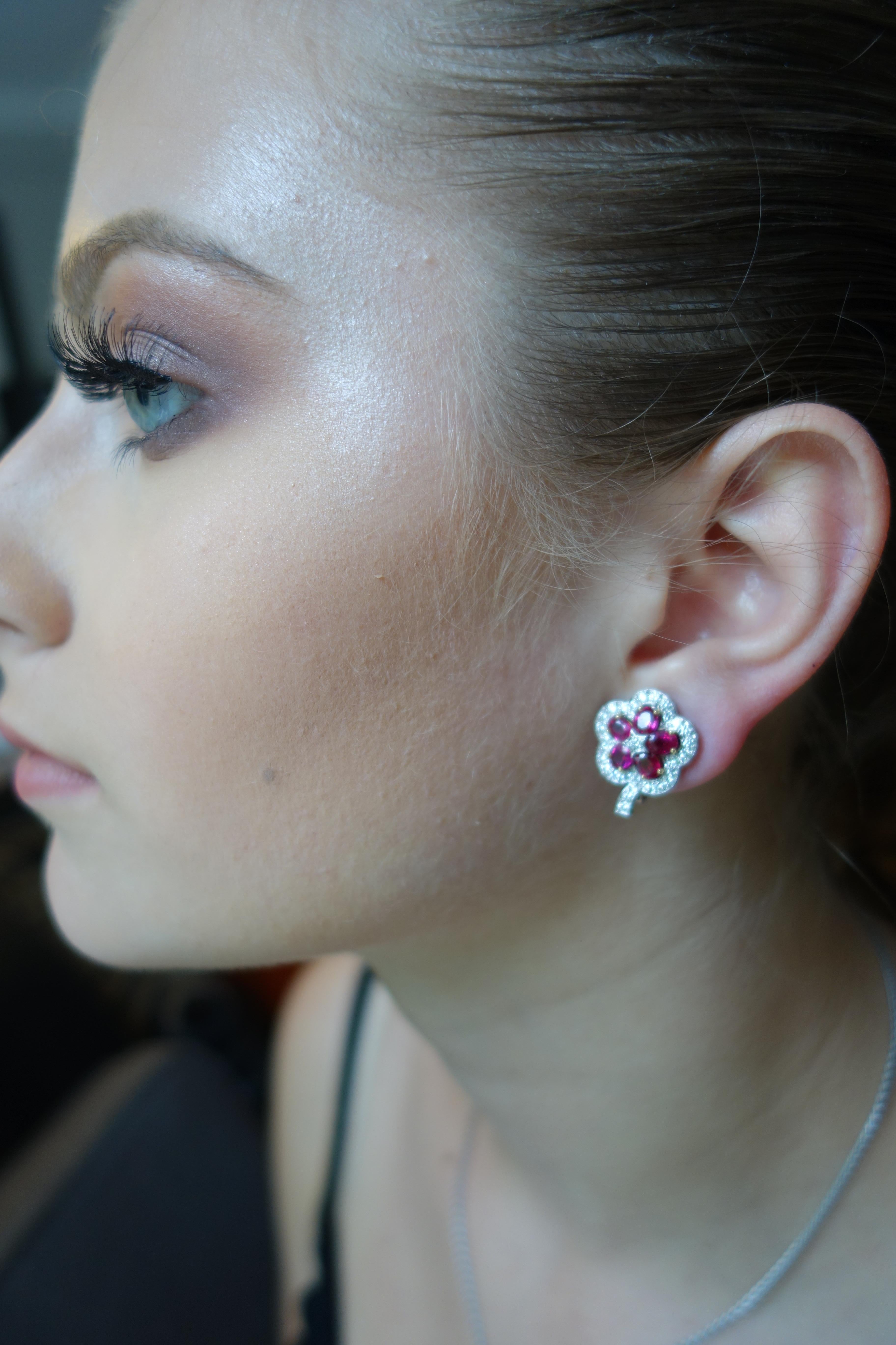 Contemporary Ruby Diamond Flower Earrings For Sale