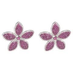 Ruby Diamond Flower Earrings in 18K White Gold 5.75 CTW