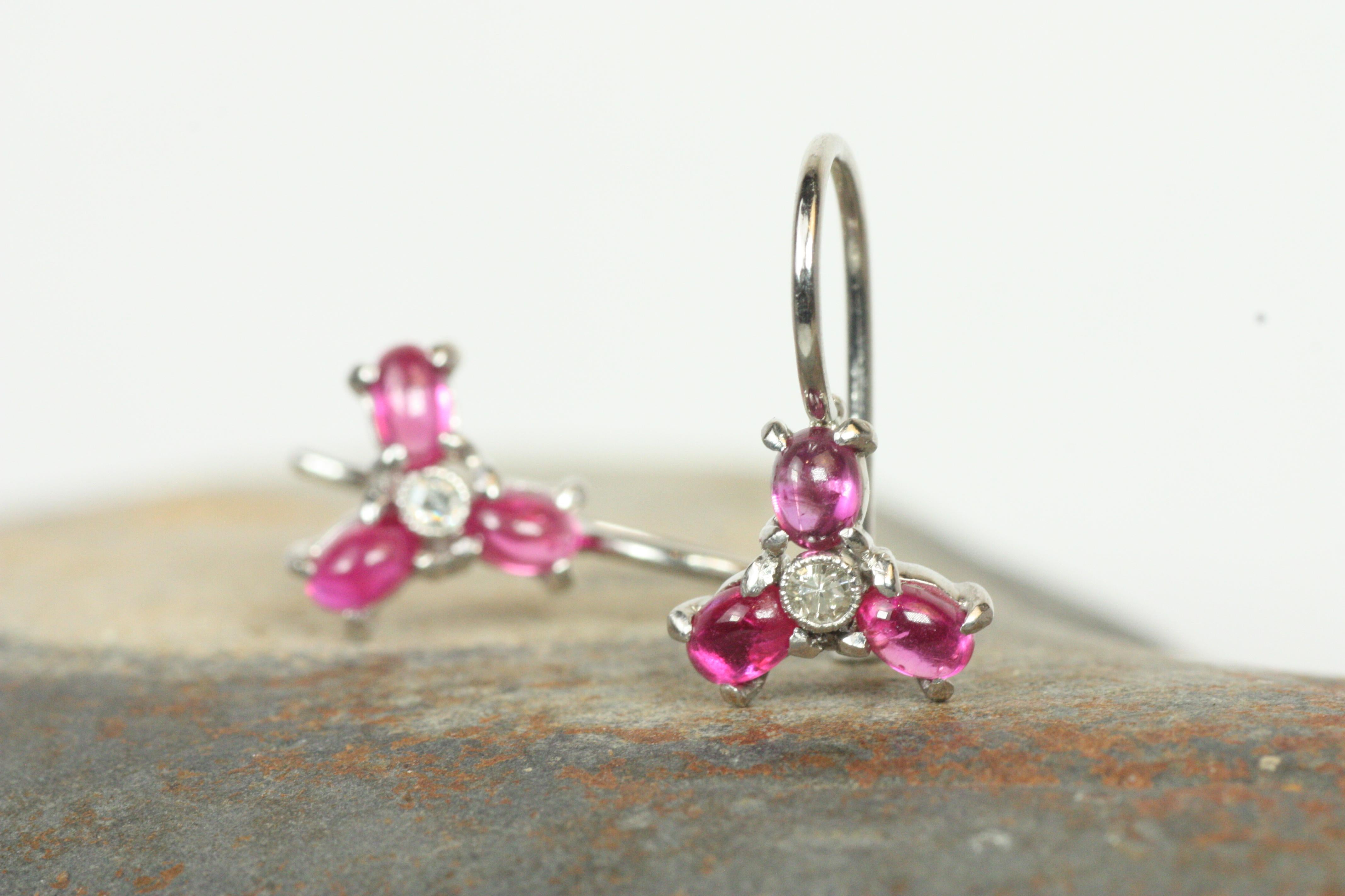 Artisan Ruby Diamond Flower Floral Earrings in Platinum by Bracken Jewelers For Sale