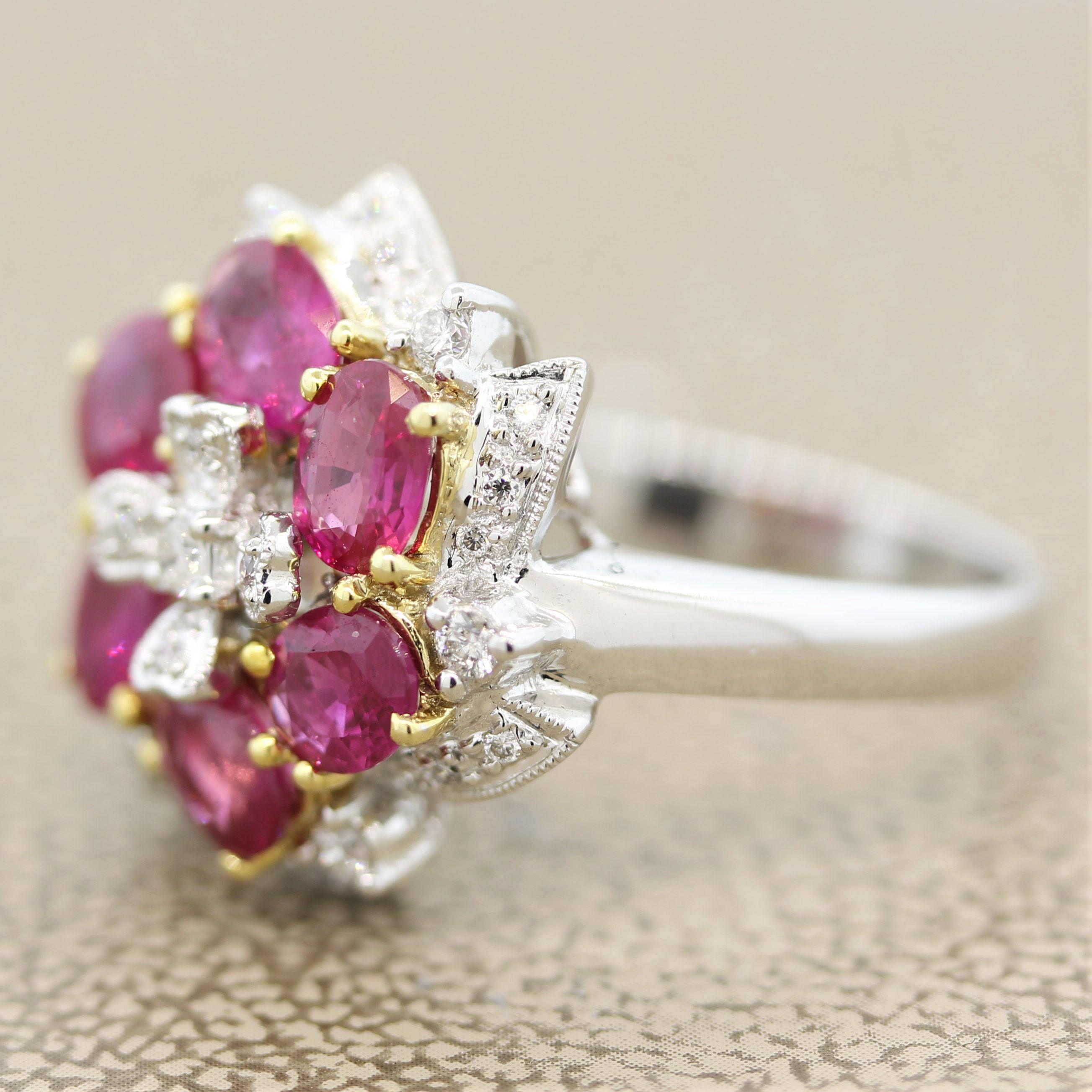 Mixed Cut Ruby Diamond Flower Gold Ring