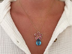 Ruby Diamond Flower Necklace with Topaz Drop in 14k Yellow Gold