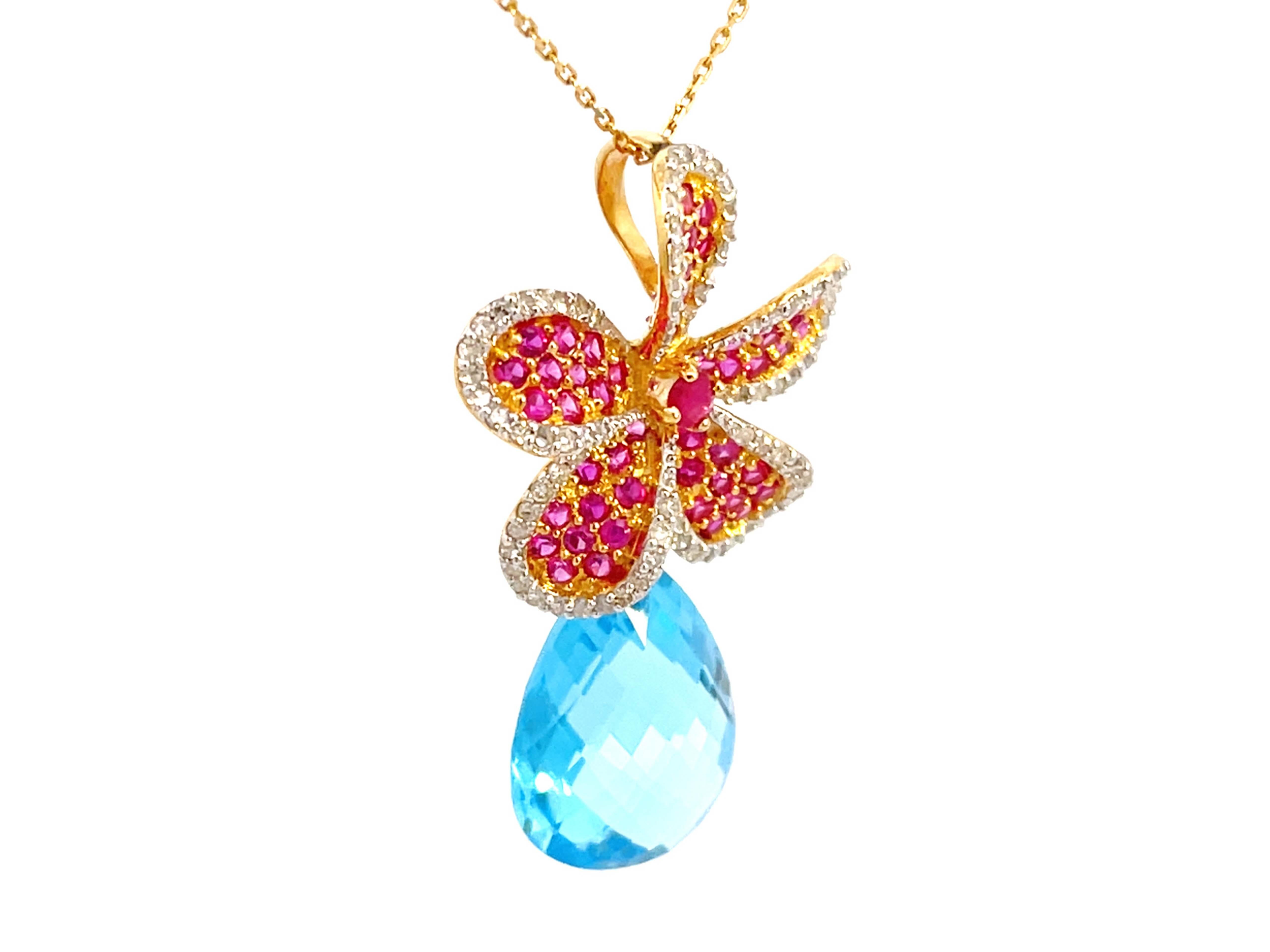 Modern Ruby Diamond Flower Necklace with Topaz Drop in 14k Yellow Gold For Sale