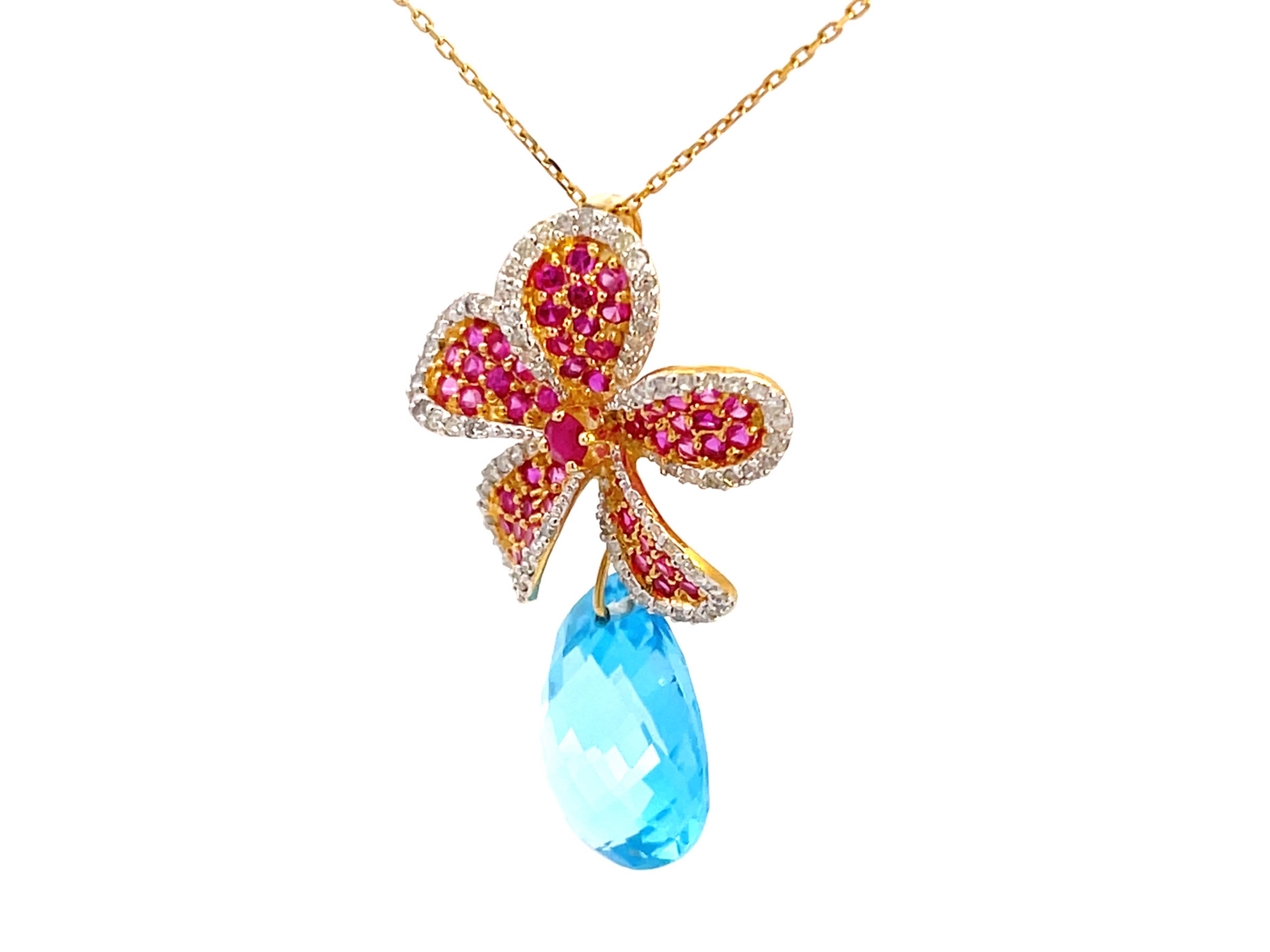 Brilliant Cut Ruby Diamond Flower Necklace with Topaz Drop in 14k Yellow Gold For Sale