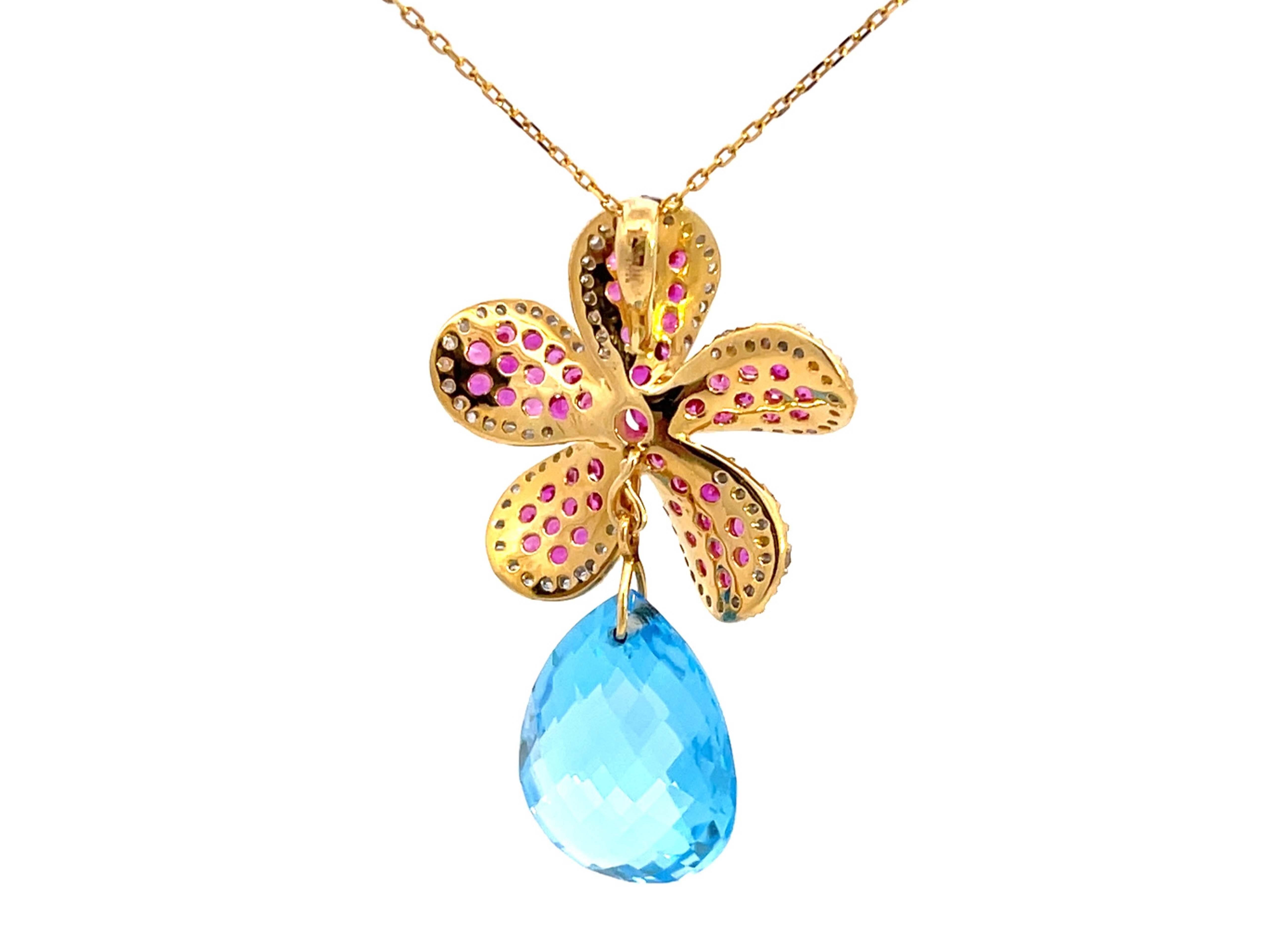 Ruby Diamond Flower Necklace with Topaz Drop in 14k Yellow Gold For Sale 1
