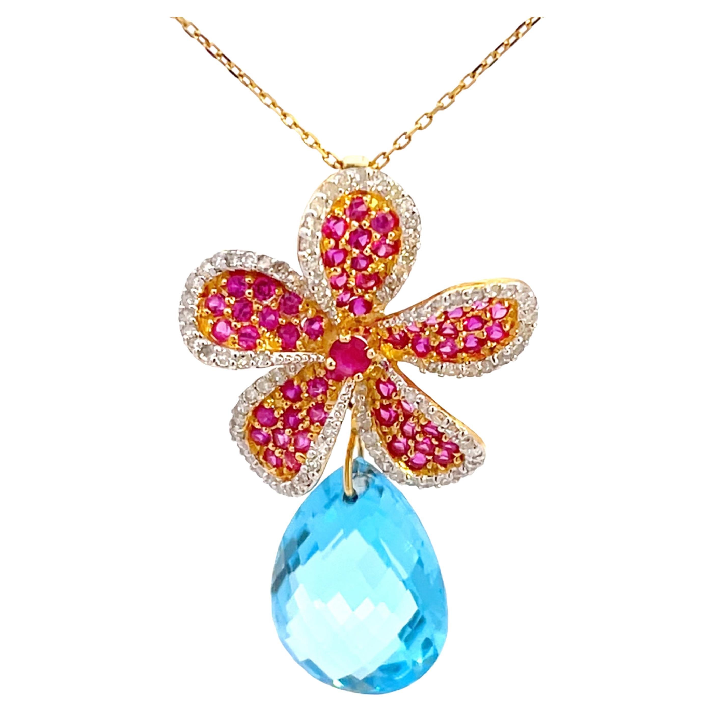 Ruby Diamond Flower Necklace with Topaz Drop in 14k Yellow Gold For Sale