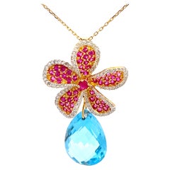Ruby Diamond Flower Necklace with Topaz Drop in 14k Yellow Gold