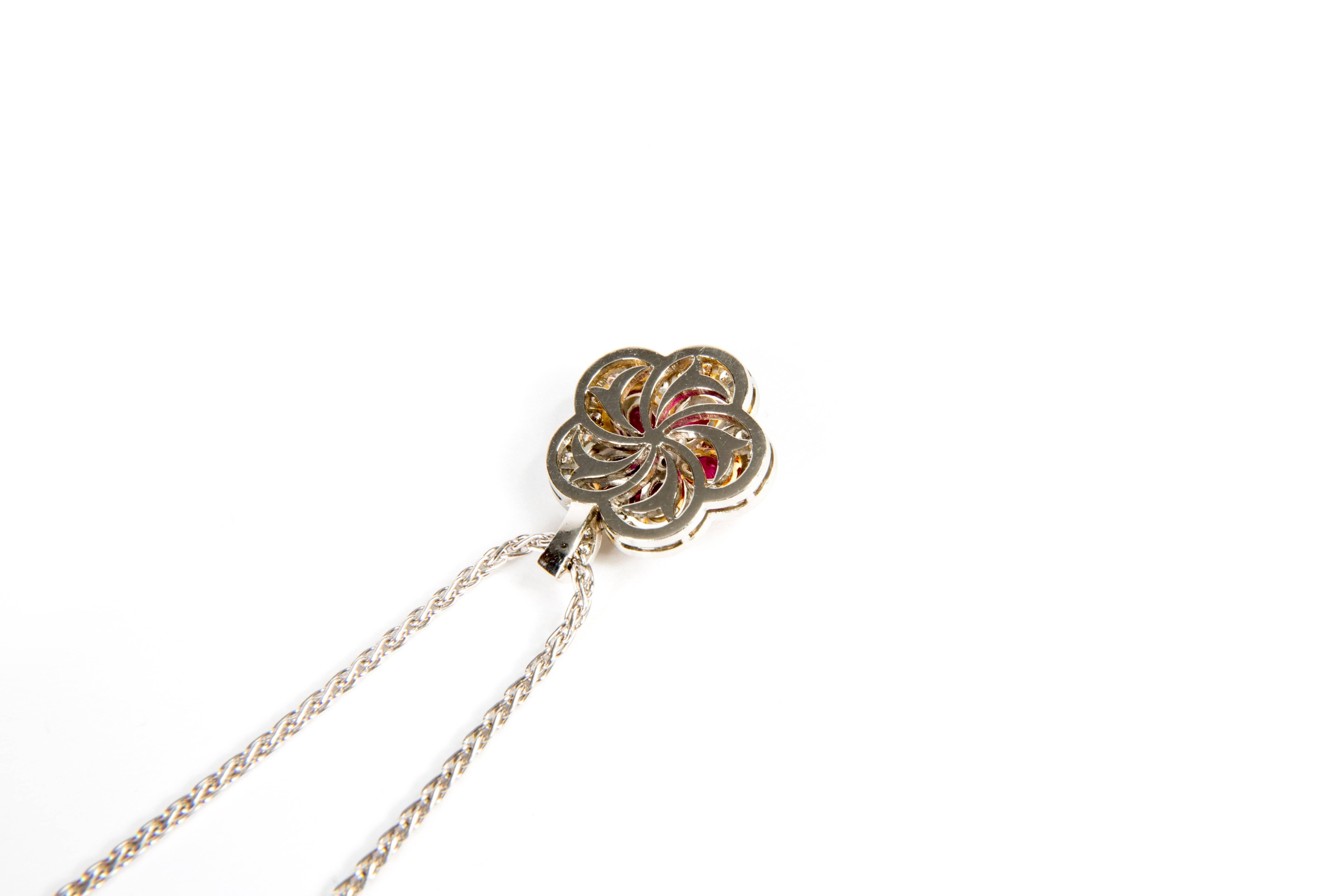 Contemporary Ruby Diamond Flower Pendant Necklace For Sale