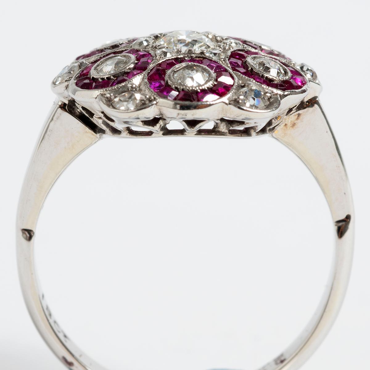 Mixed Cut Ruby & Diamond Flower Ring, 18K White Gold Setting, 1940's, US Size 5.75 For Sale