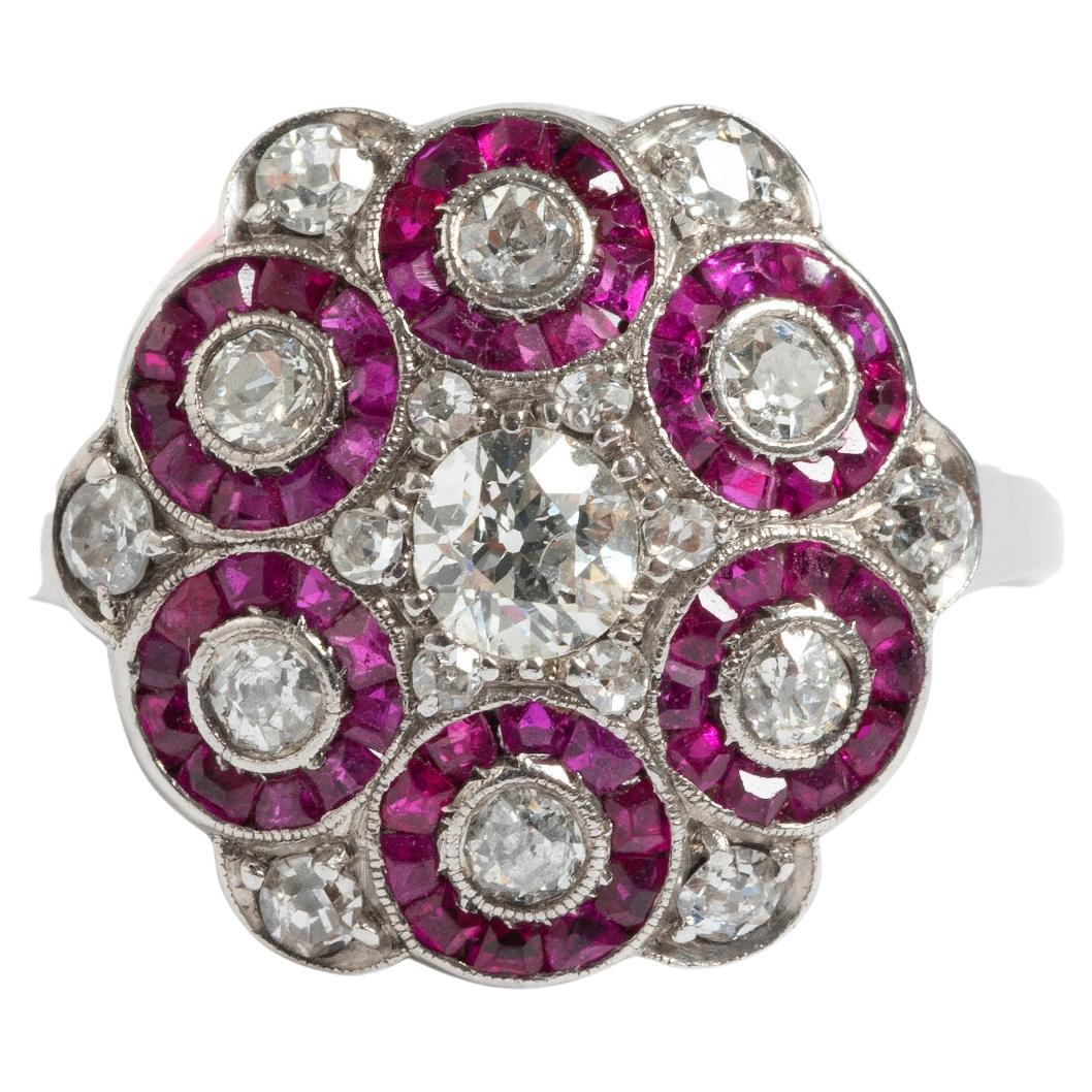 Ruby & Diamond Flower Ring, 18K White Gold Setting, 1940's, US Size 5.75