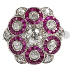 Ruby & Diamond Flower Ring, 18K White Gold Setting, 1940's, US Size 5.75