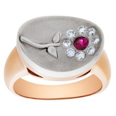 Rubin- und Diamant-Blumenring aus 14 Karat Roségold