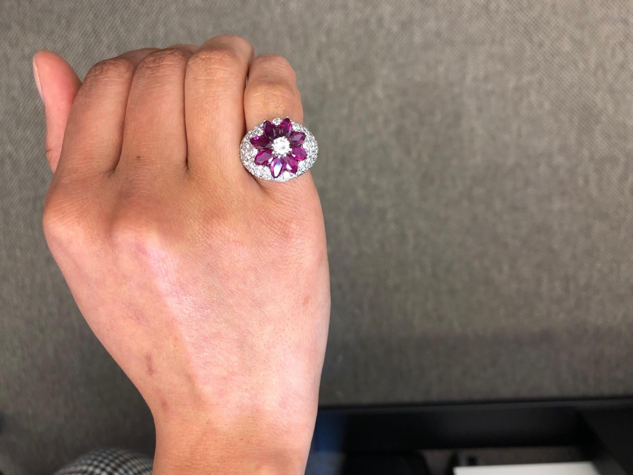 Modern Ruby Diamond Flower Ring in Platinum 950 For Sale