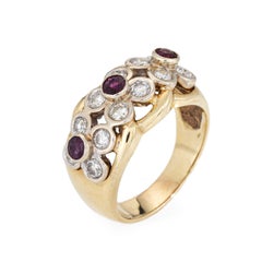 Ruby Diamond Flower Ring Vintage 14k Yellow Gold Sz 8.5 Wide Cigar Band