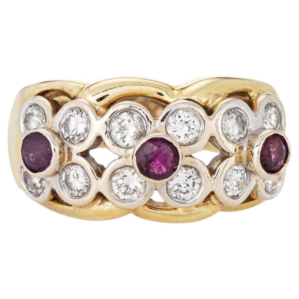 Anello vintage con fiore in rubino e diamanti, oro giallo 14k, misura 8,5, fascia larga a forma di sigaro