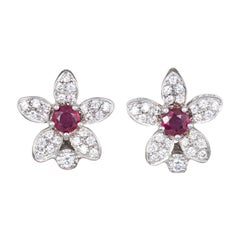 Ruby Diamond Flower Stud Earrings Estate 18 Karat Gold Fine Jewelry Vintage