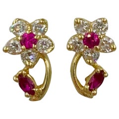 Vintage Ruby Diamond Forget Me Not Flower Earrings 14 Karat Gold