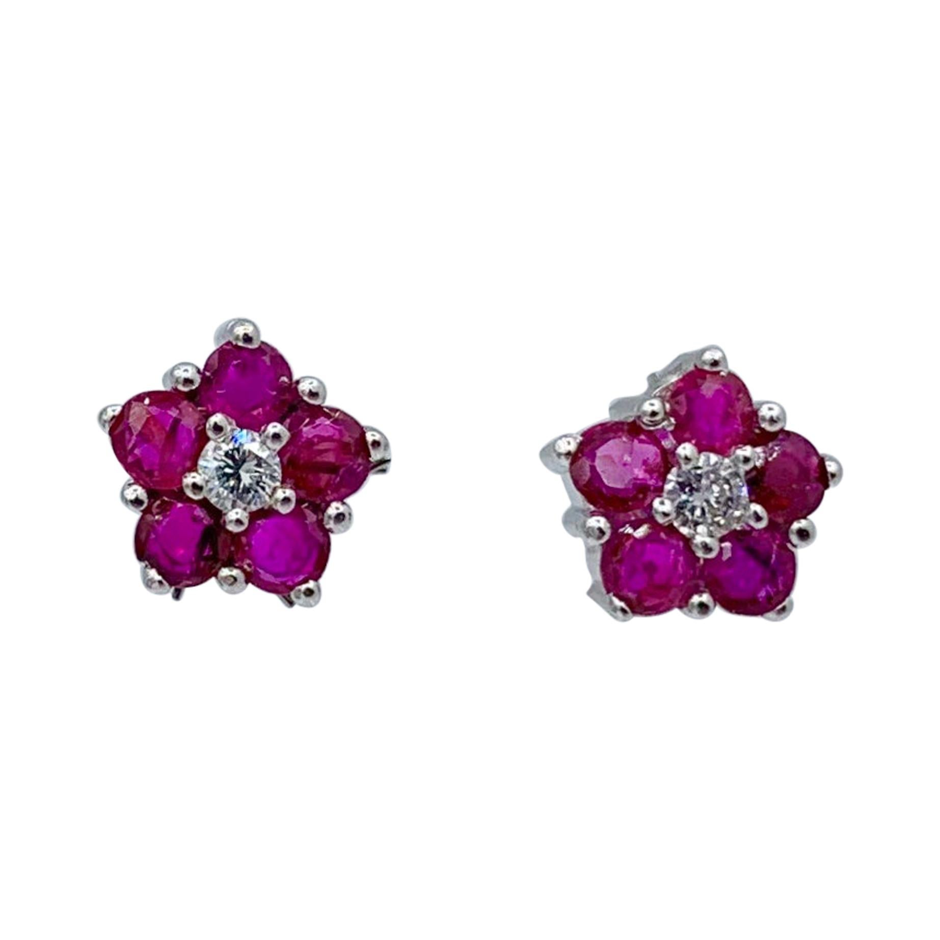 Ruby Diamond Forget Me Not Flower Earrings Retro 14 Karat White Gold