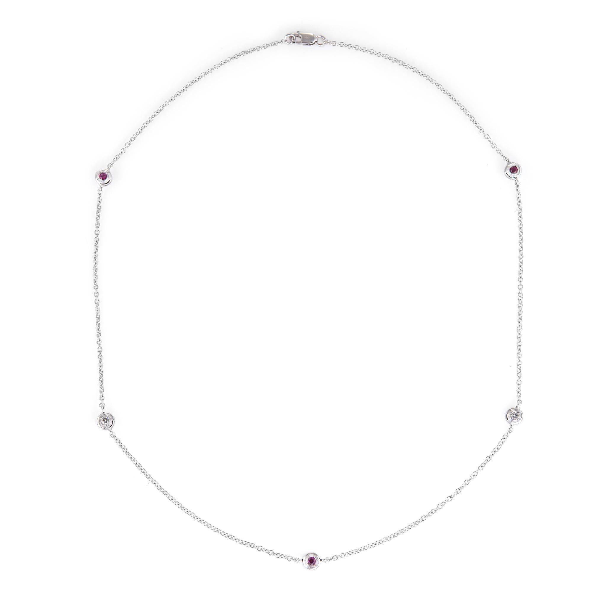 Round Cut Ruby Diamond Gemstone Station Necklace Estate 14 Karat White Gold Fine Jewelry