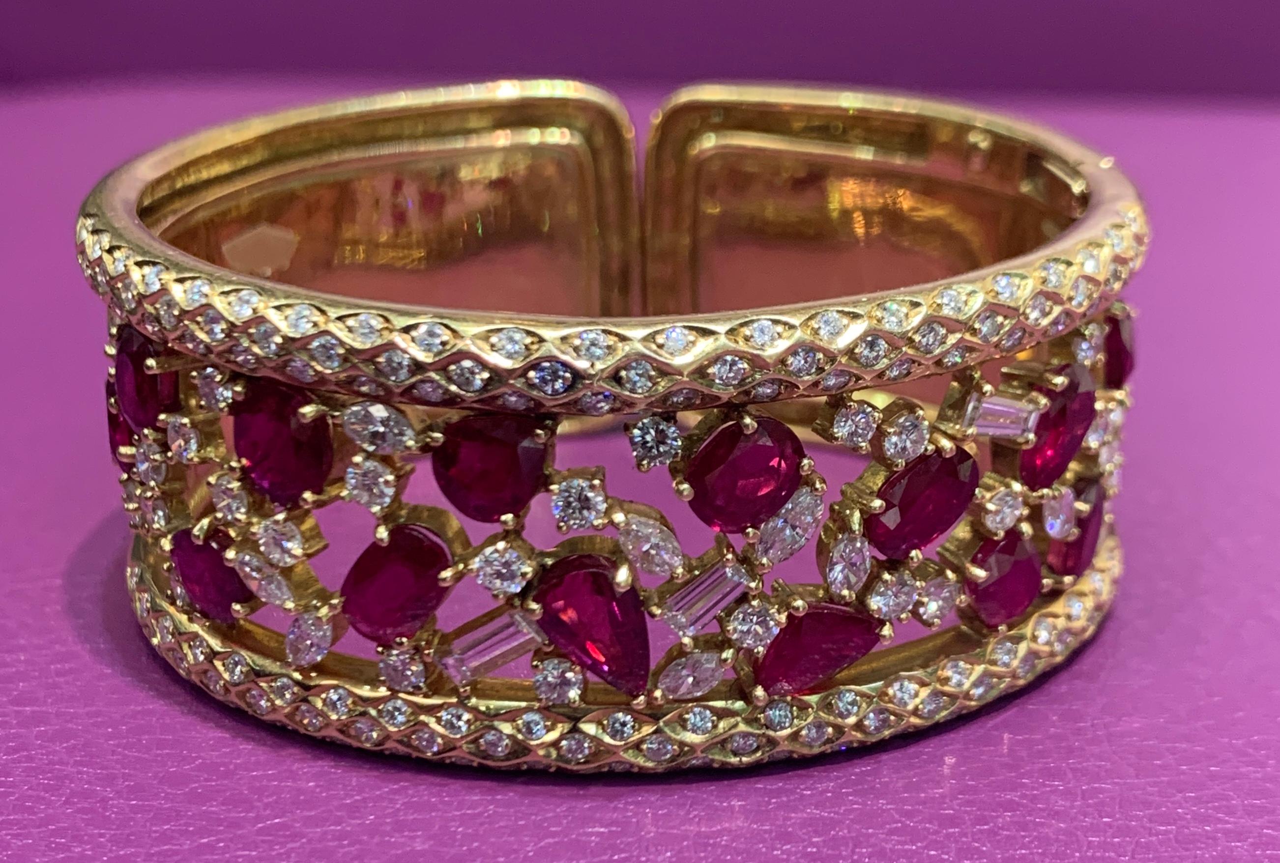 Oval Cut Ruby and Diamond Gold Bangle Bracelet For Sale