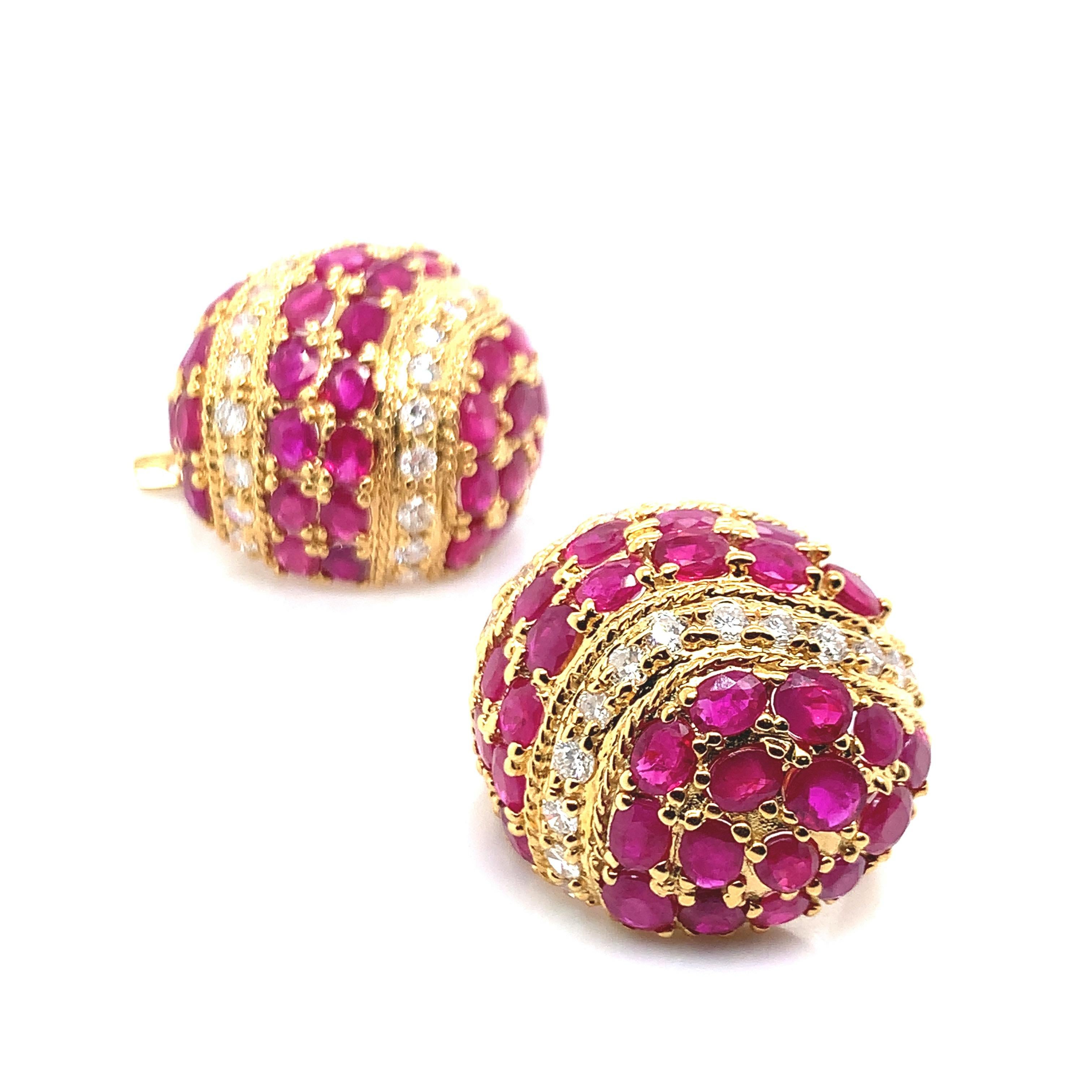 Ruby Diamond Gold Bombe Large Earrings In Excellent Condition For Sale In New York, NY