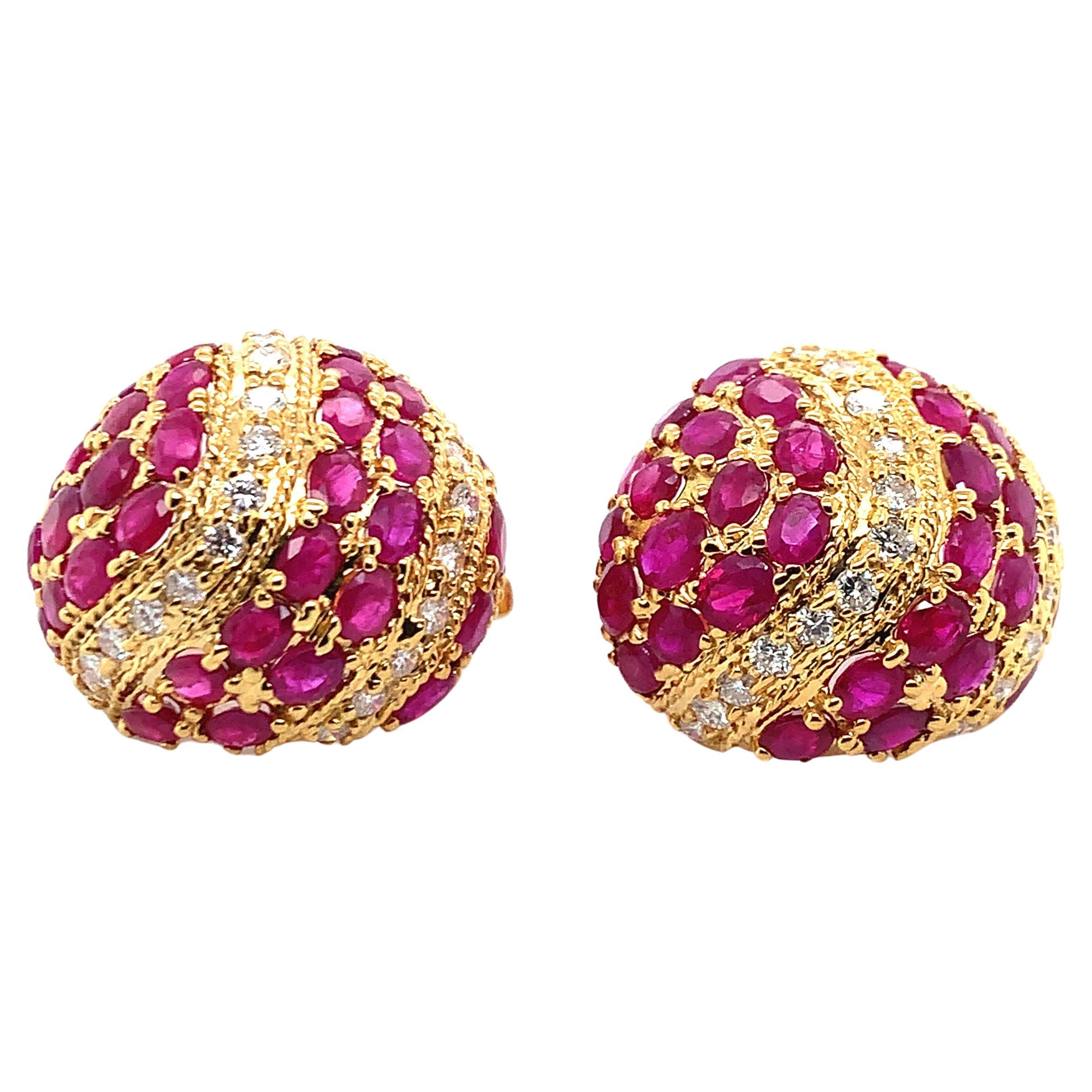 Ruby Diamond Gold Bombe Large Earrings For Sale