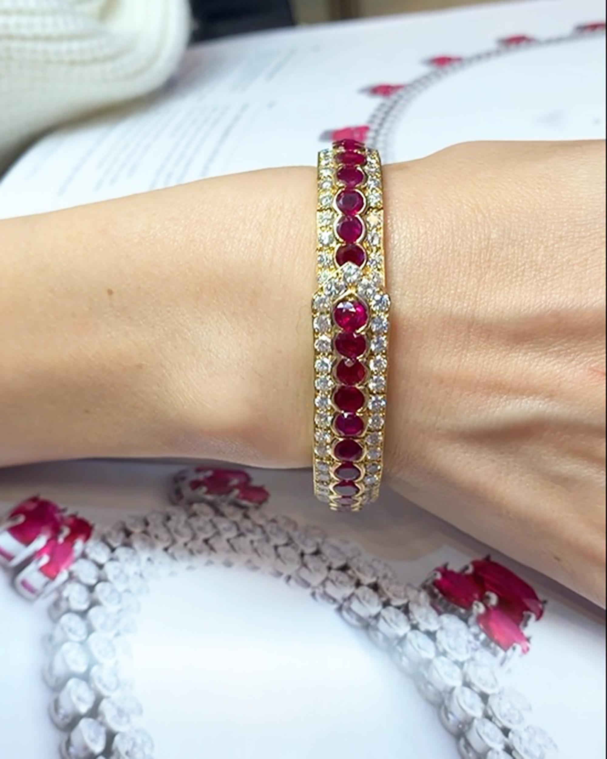 A beautiful bracelet decorated with rubies and diamonds.
41 round rubies and round diamonds.
Total weight of diamonds is approximately 6.30 carats. 
They are equivalent to G-H colors, VS clarity.
Metal is 18k yellow gold weighing 44 grams.