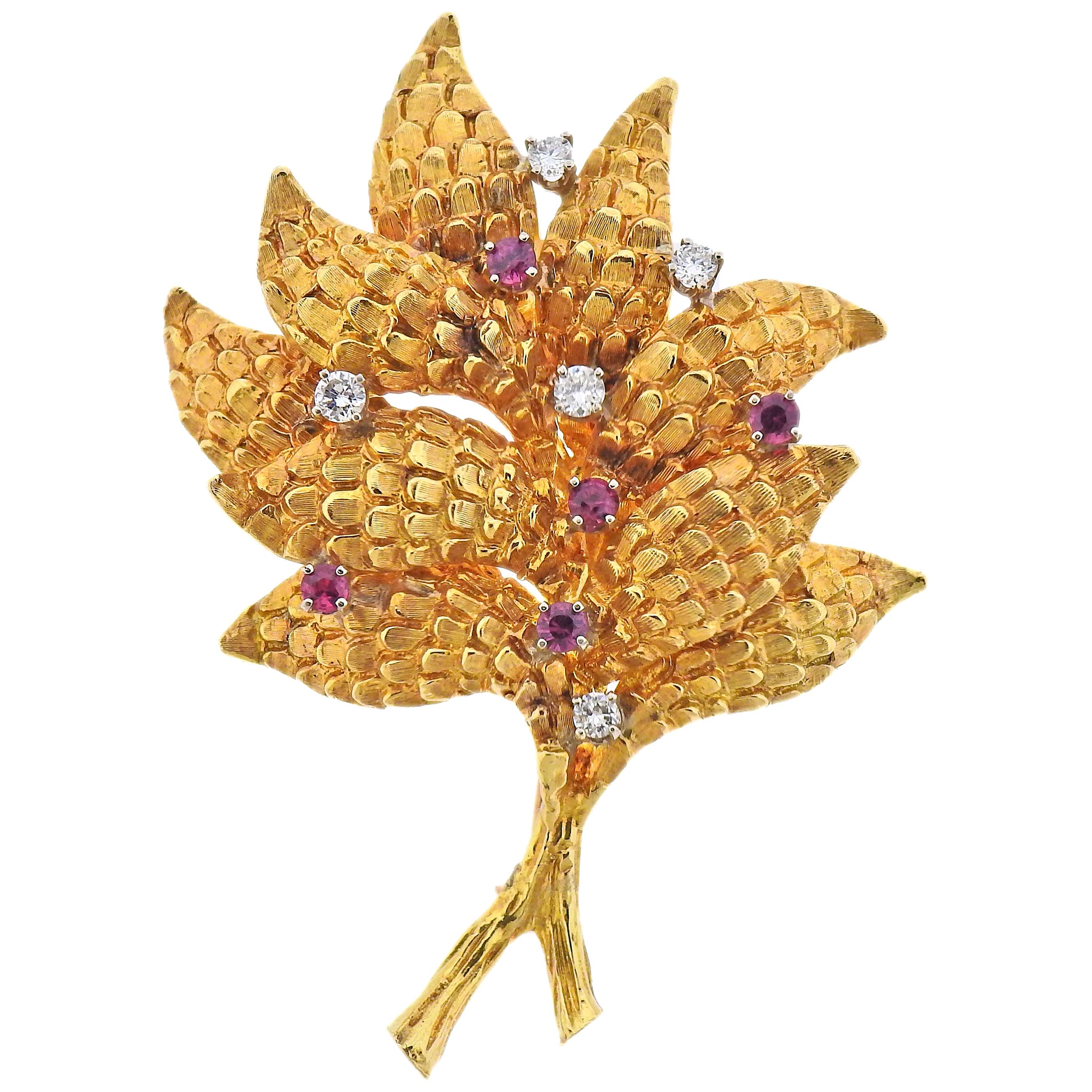 Ruby Diamond Gold Brooch Pin For Sale