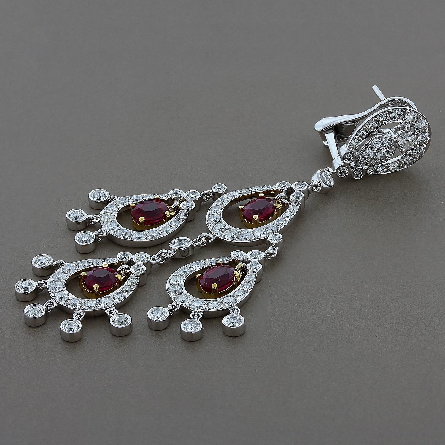 Oval Cut Ruby Diamond Gold Chandelier Earrings For Sale