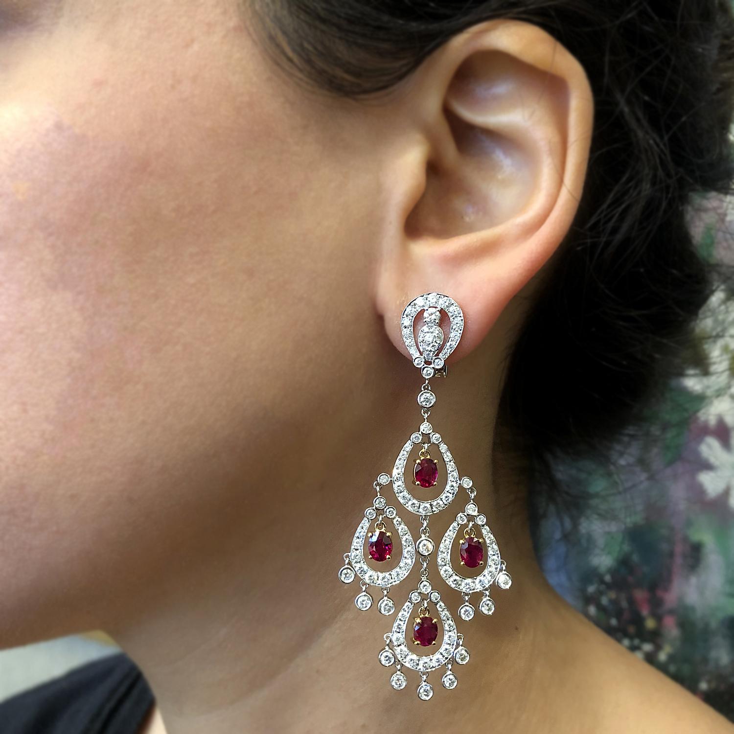 Women's or Men's Ruby Diamond Gold Chandelier Earrings For Sale