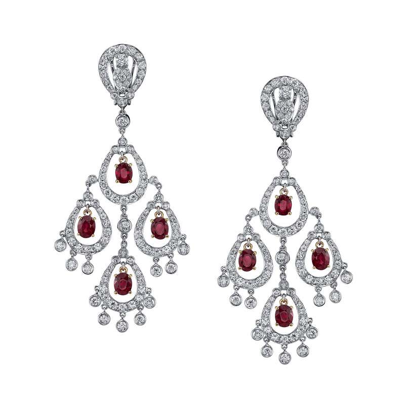 Emerald and Ruby Chandelier Earrings with Diamonds For Sale at 1stDibs