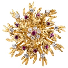 Vintage Ruby Diamond Gold Cluster Brooch